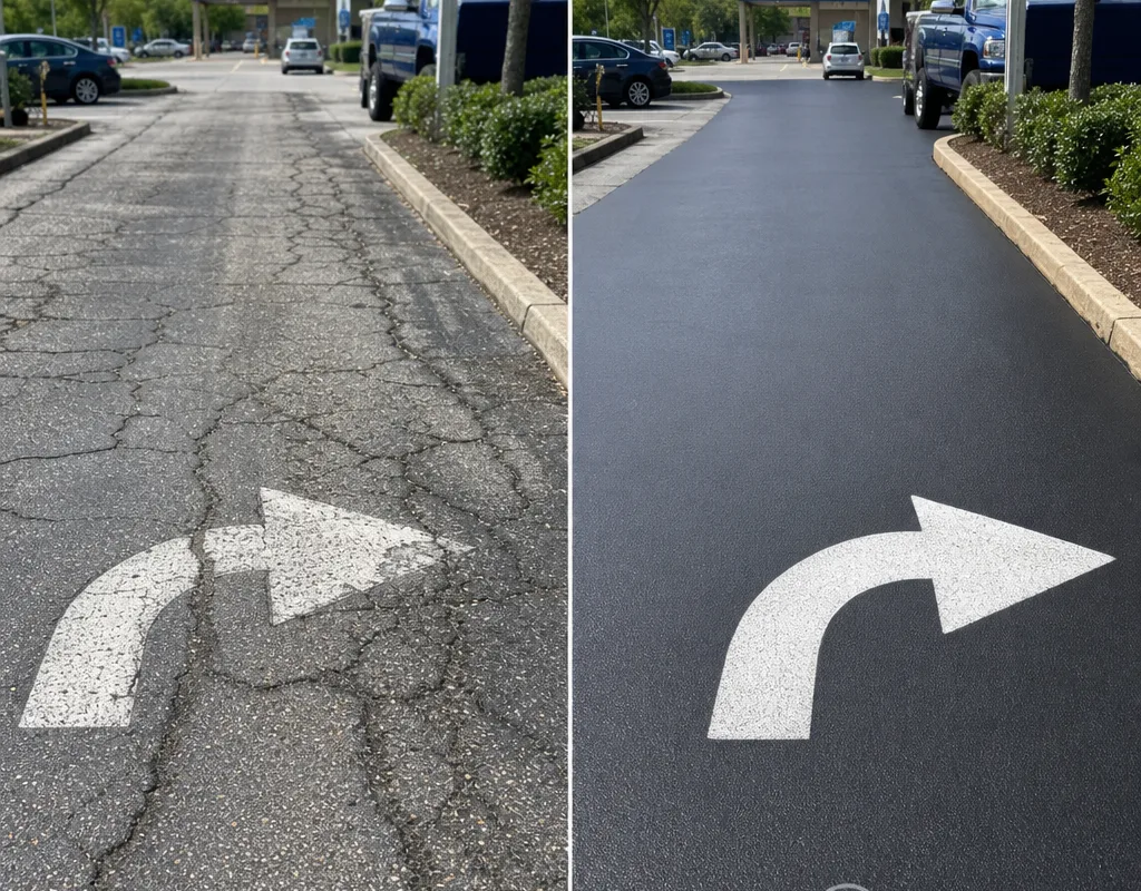 Commercial parking lot turning lane before and after routing and hot-pour sealing