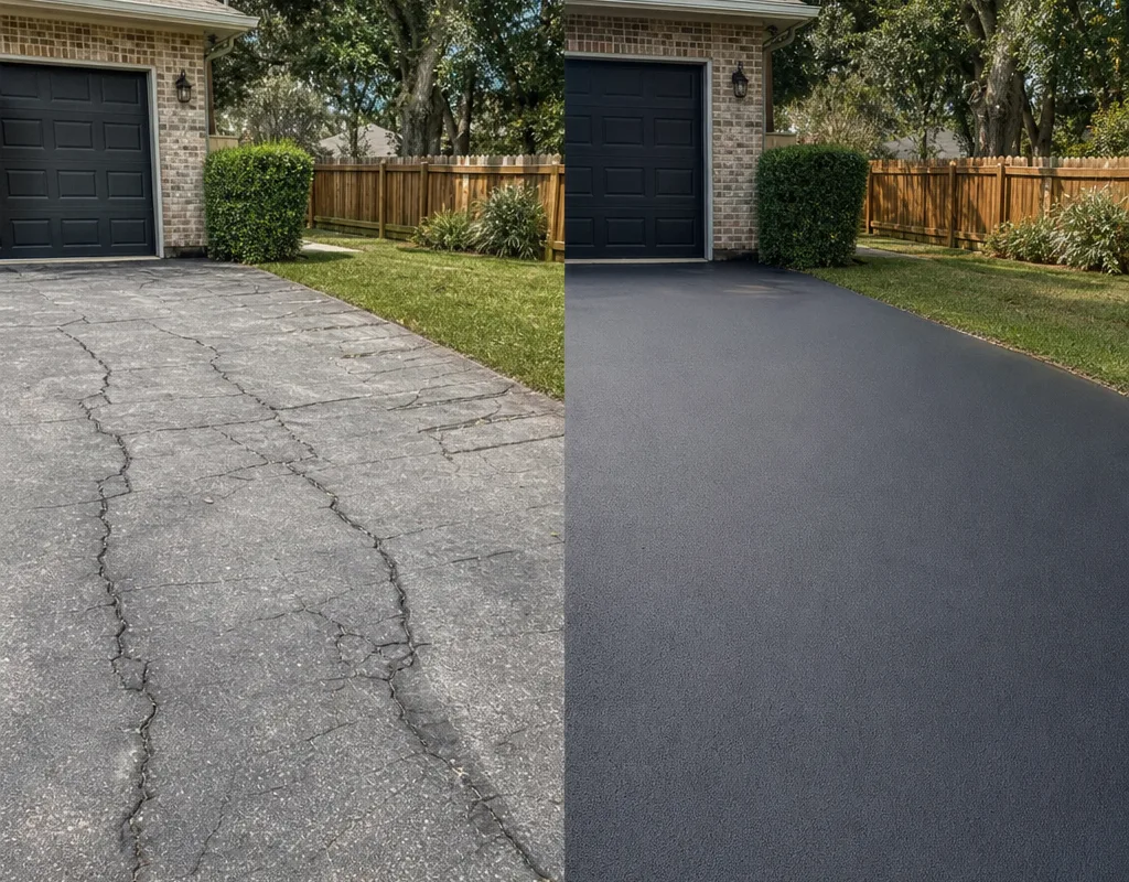 Residential asphalt driveway before and after cleaning and crack sealing