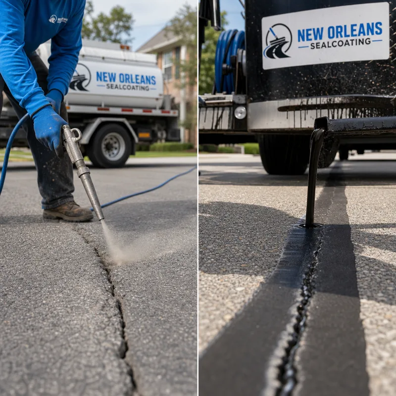 Routed asphalt crack cleaned and filled with hot rubberized crack sealant