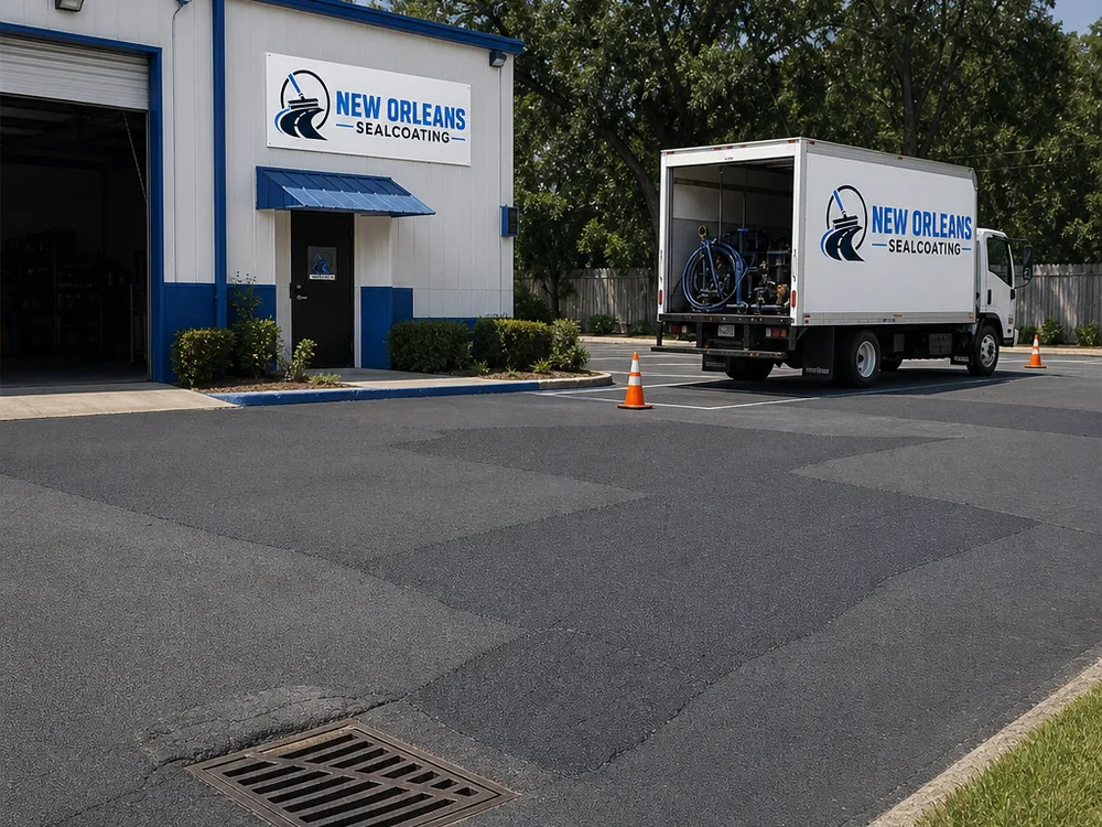 Finished parking lot repairs with smooth asphalt transitions and a restored drainage path toward a catch basin