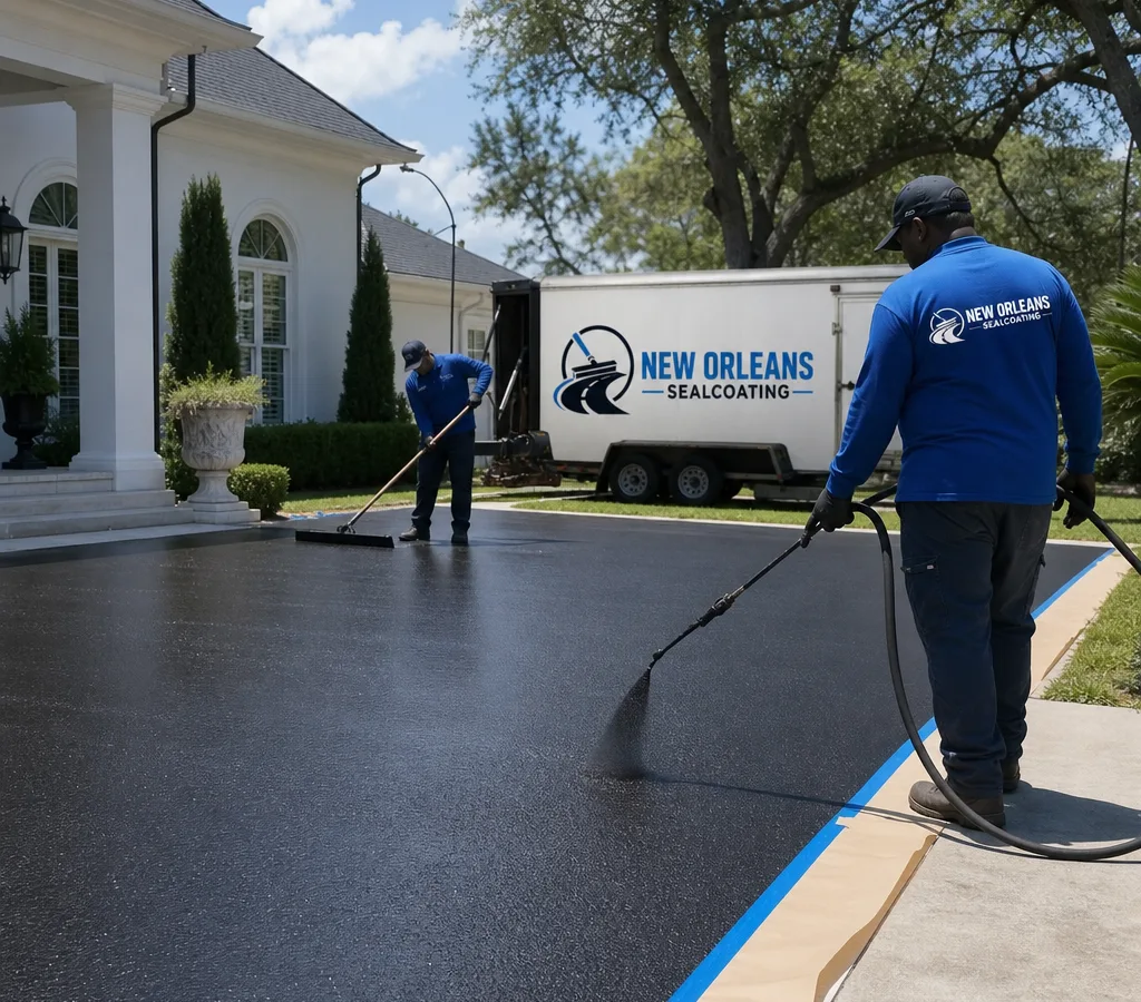 Crew applying fresh sealcoat to an asphalt driveway with clean masked edges