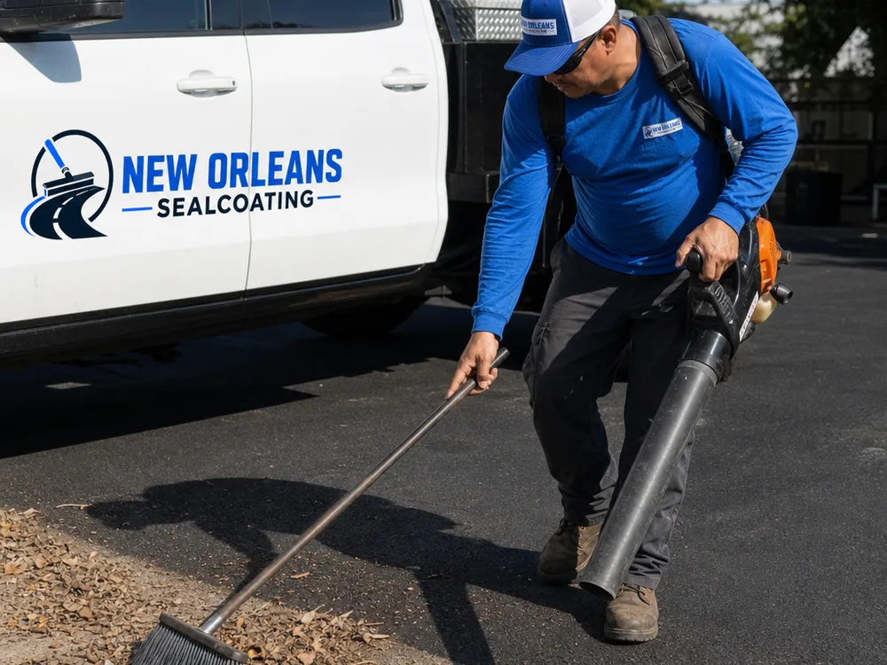 Asphalt being cleaned with a blower and stiff broom before sealcoat application