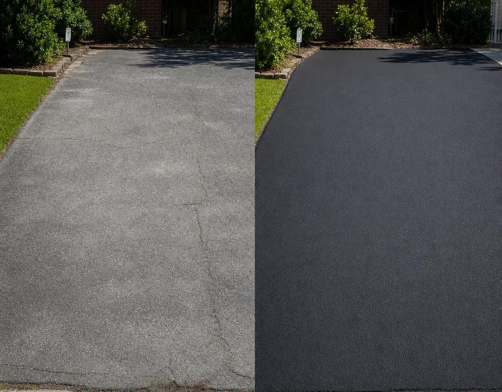 Same asphalt driveway before sealing and after sealing with a uniform dark finish and clean sidewalk edges
