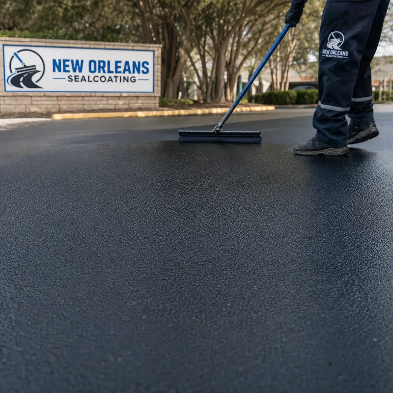 Close-up of filled asphalt cracks and a consistently textured sealed surface without streaks