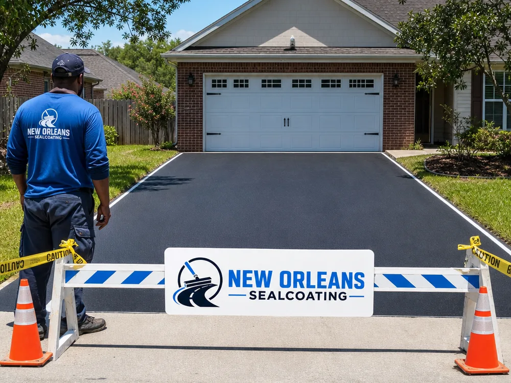 Freshly sealed residential driveway with crisp garage apron edges and barricades in place for curing