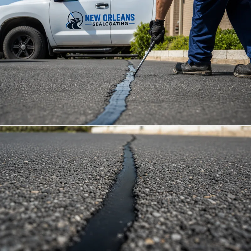 Cleaned and filled asphalt cracks with neat sealant lines on a dry commercial surface ready for coating