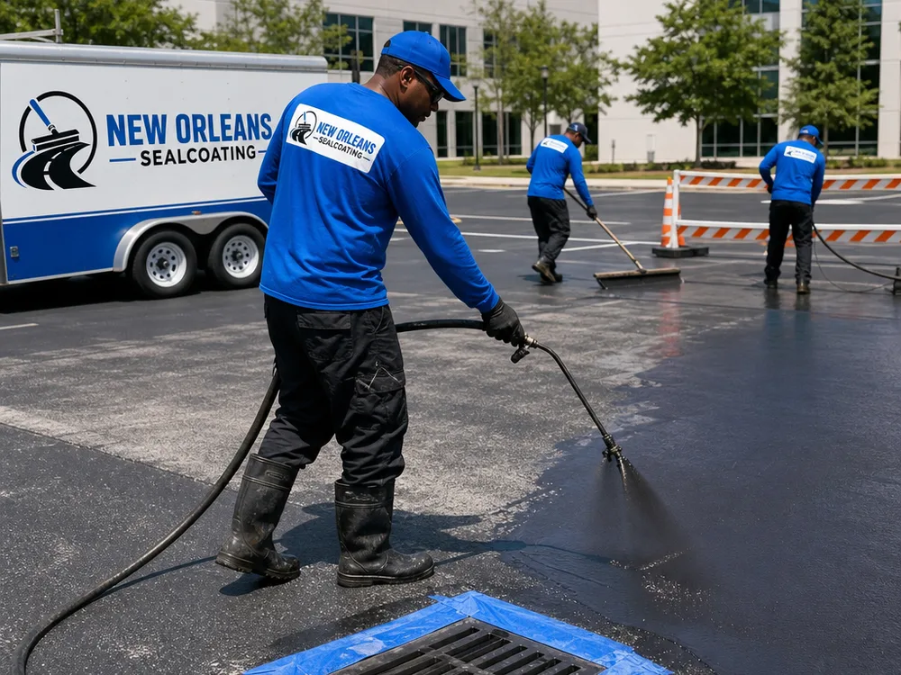 Crew applying commercial asphalt sealer on a large Minneapolis parking lot with cleaned edges, protected drains, and staged barricades