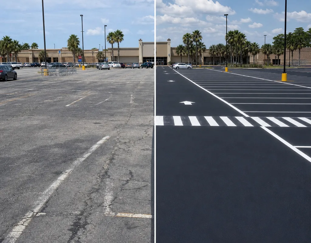 Before and after comparison of faded parking lines and a freshly restriped lot with arrows and crosswalk