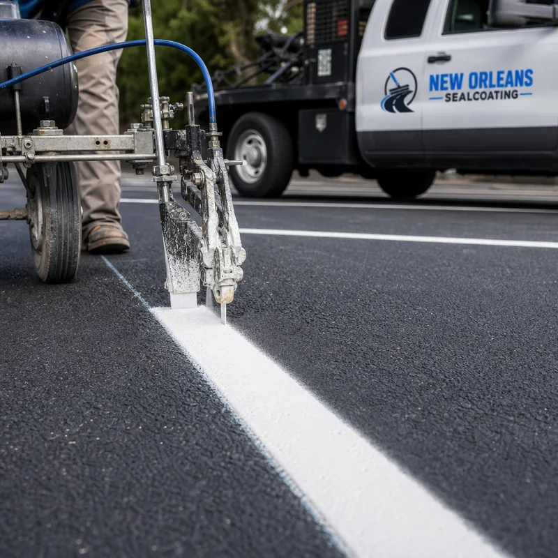Striping crew applying a sharp white line with a line-striping machine beside a chalk layout guide