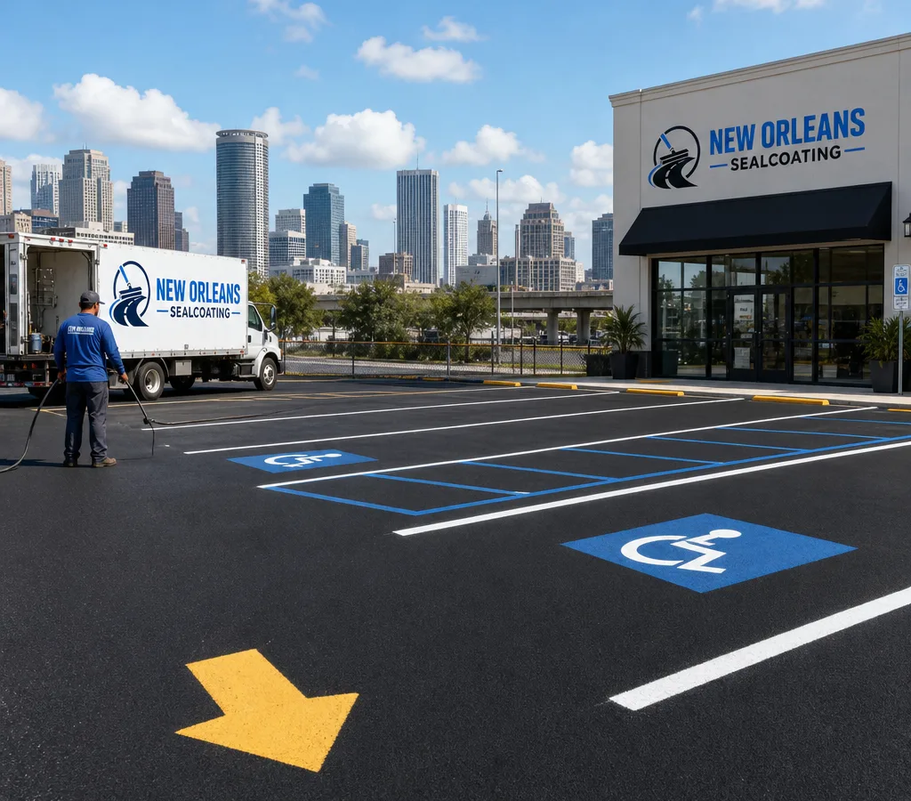 Freshly striped commercial parking lot in Minneapolis with white stalls, directional markings, and accessible parking spaces