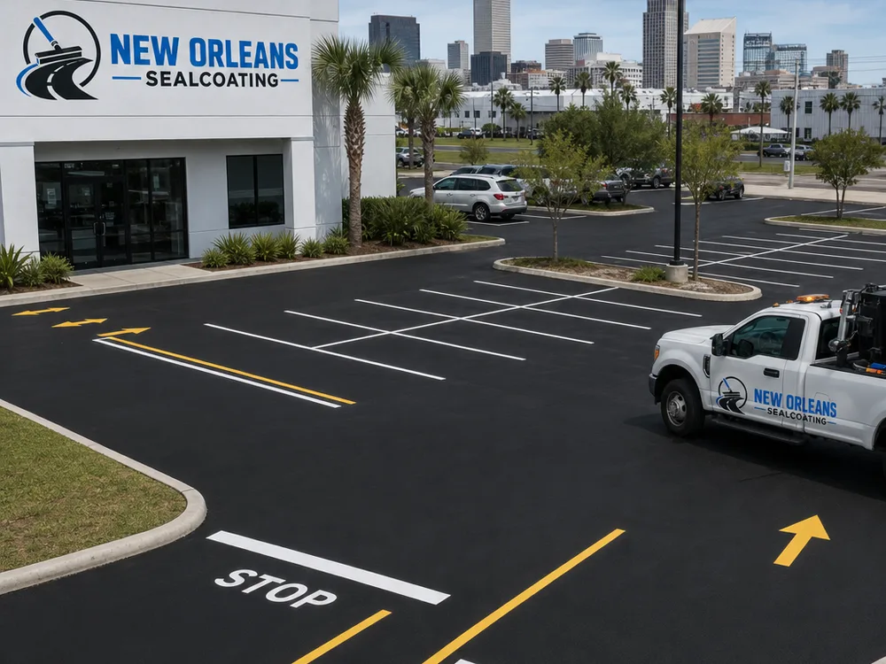 Completed commercial parking lot with fresh stall striping, drive aisle guidance, and clean stop bars