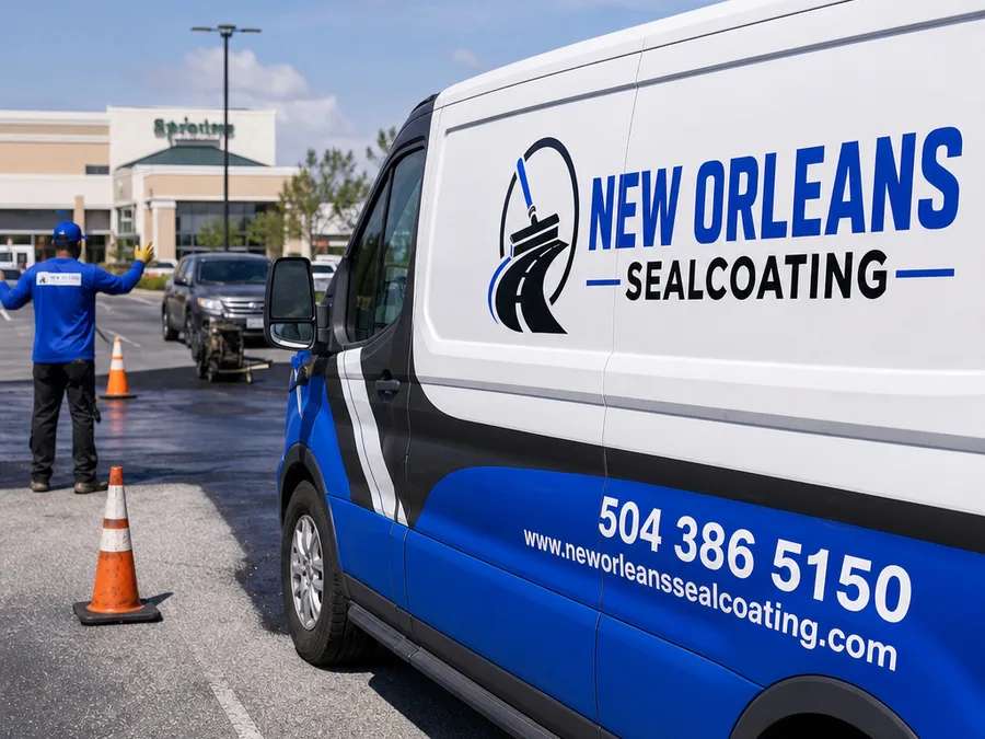 Sealcoating crew masking concrete edges and staging equipment before coating a residential driveway