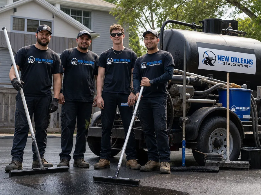 New Orleans Sealcoating crew beside sealcoating equipment and freshly sealed asphalt